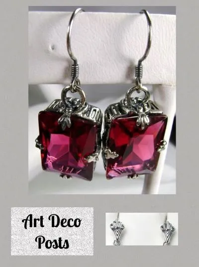 Ruby Earrings, GL Earrings, Art Deco Sterling Silver Filigree, Vintage Jewelry #E15.