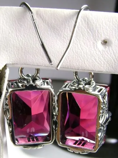 Ruby Earrings, GL Earrings, Art Deco Sterling Silver Filigree, Vintage Jewelry #E15.