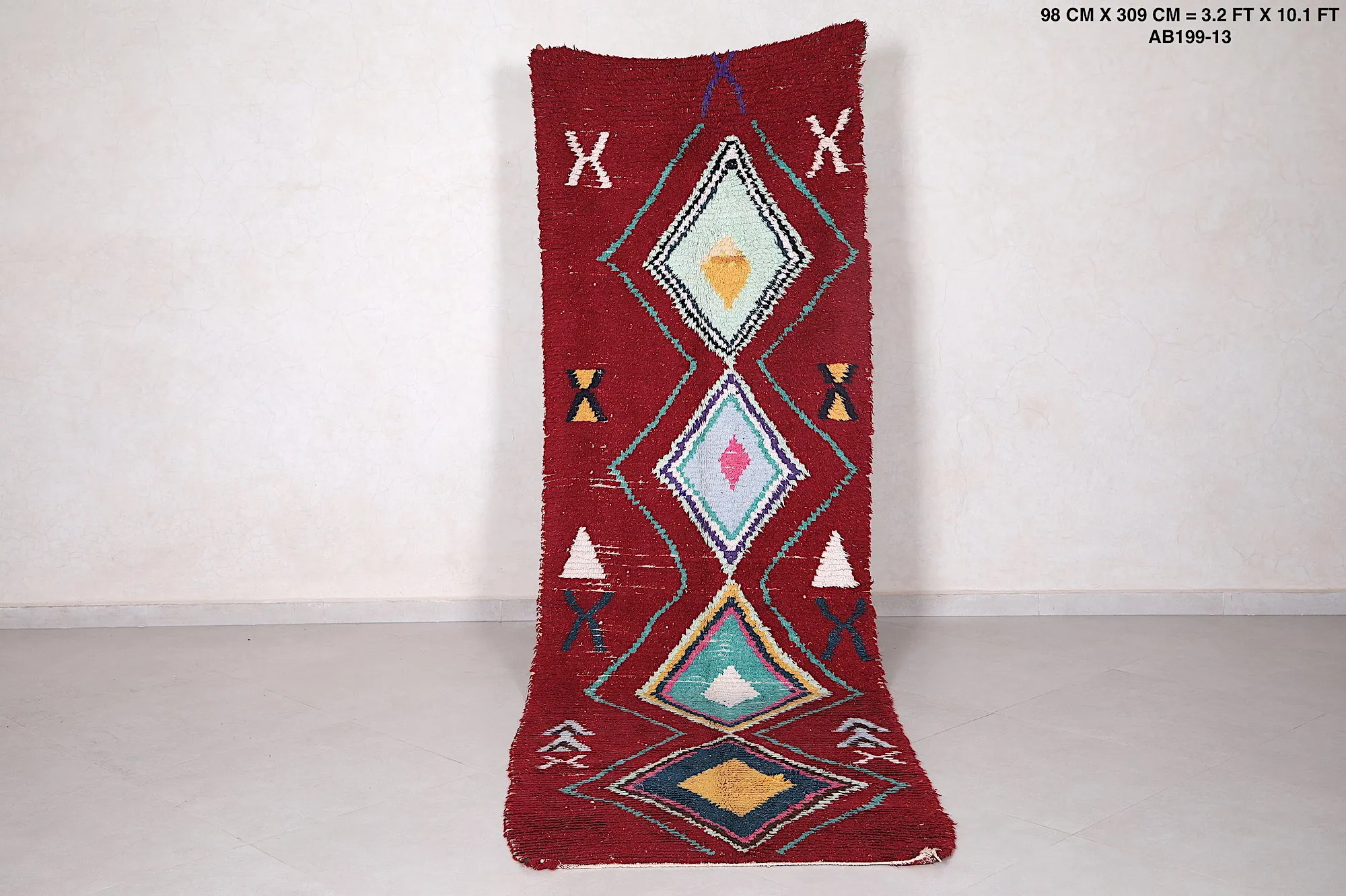 Runner Moroccan Rug 3.2 x 10.1 ft - Red Berber Wool Rug