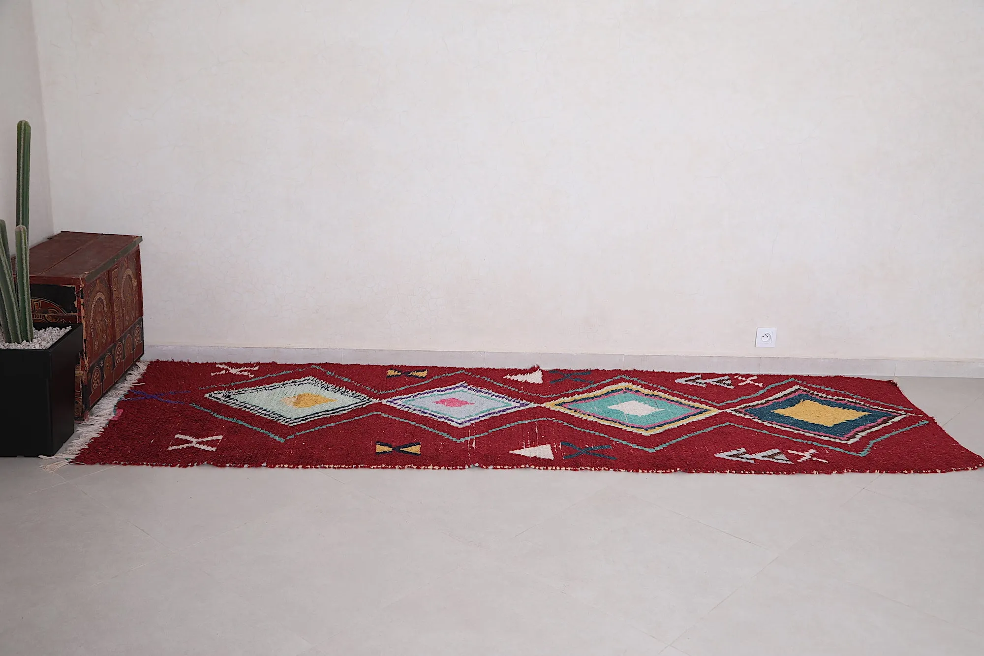 Runner Moroccan Rug 3.2 x 10.1 ft - Red Berber Wool Rug