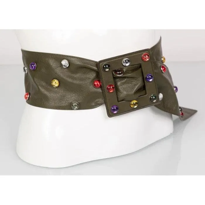 SAINT LAURENT Olive Wide Leather Jewel Belt