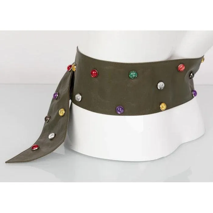SAINT LAURENT Olive Wide Leather Jewel Belt