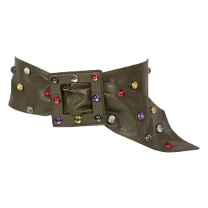 SAINT LAURENT Olive Wide Leather Jewel Belt