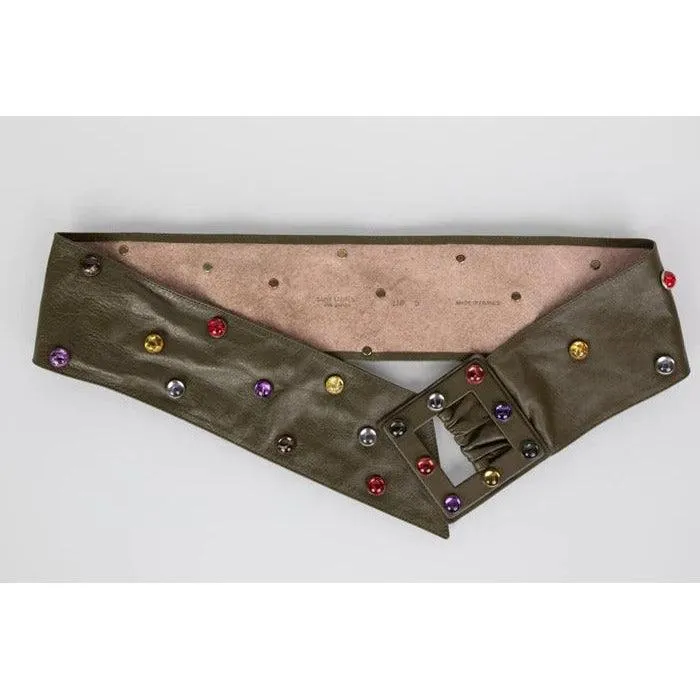 SAINT LAURENT Olive Wide Leather Jewel Belt