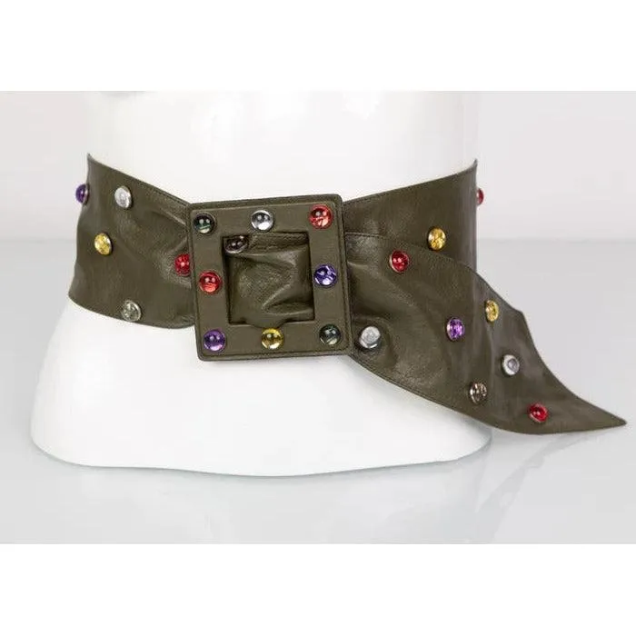 SAINT LAURENT Olive Wide Leather Jewel Belt