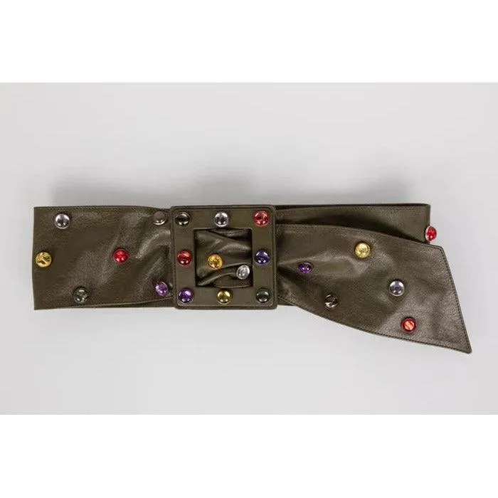 SAINT LAURENT Olive Wide Leather Jewel Belt