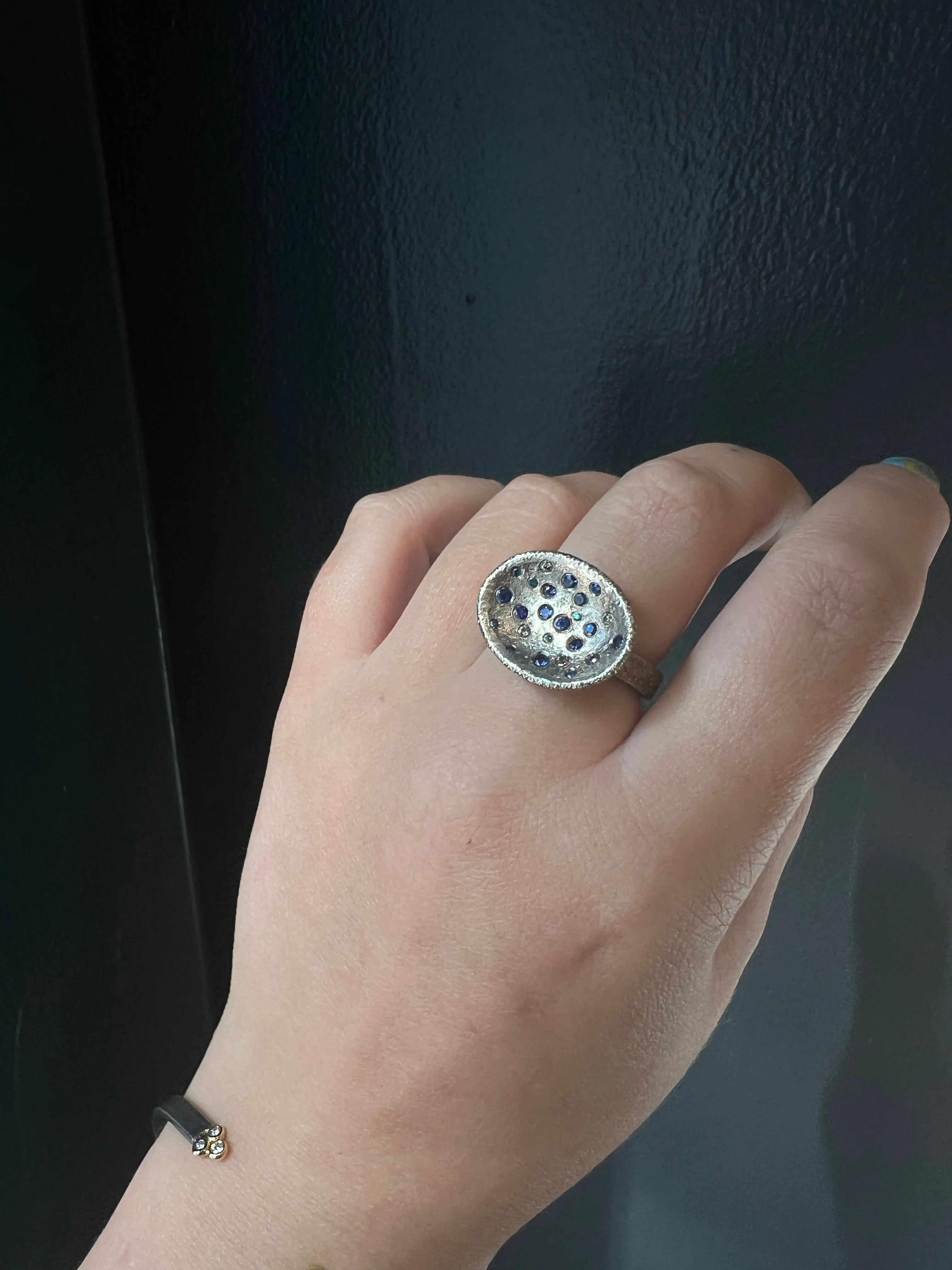 Sapphire and Blue Diamond Concave Ring