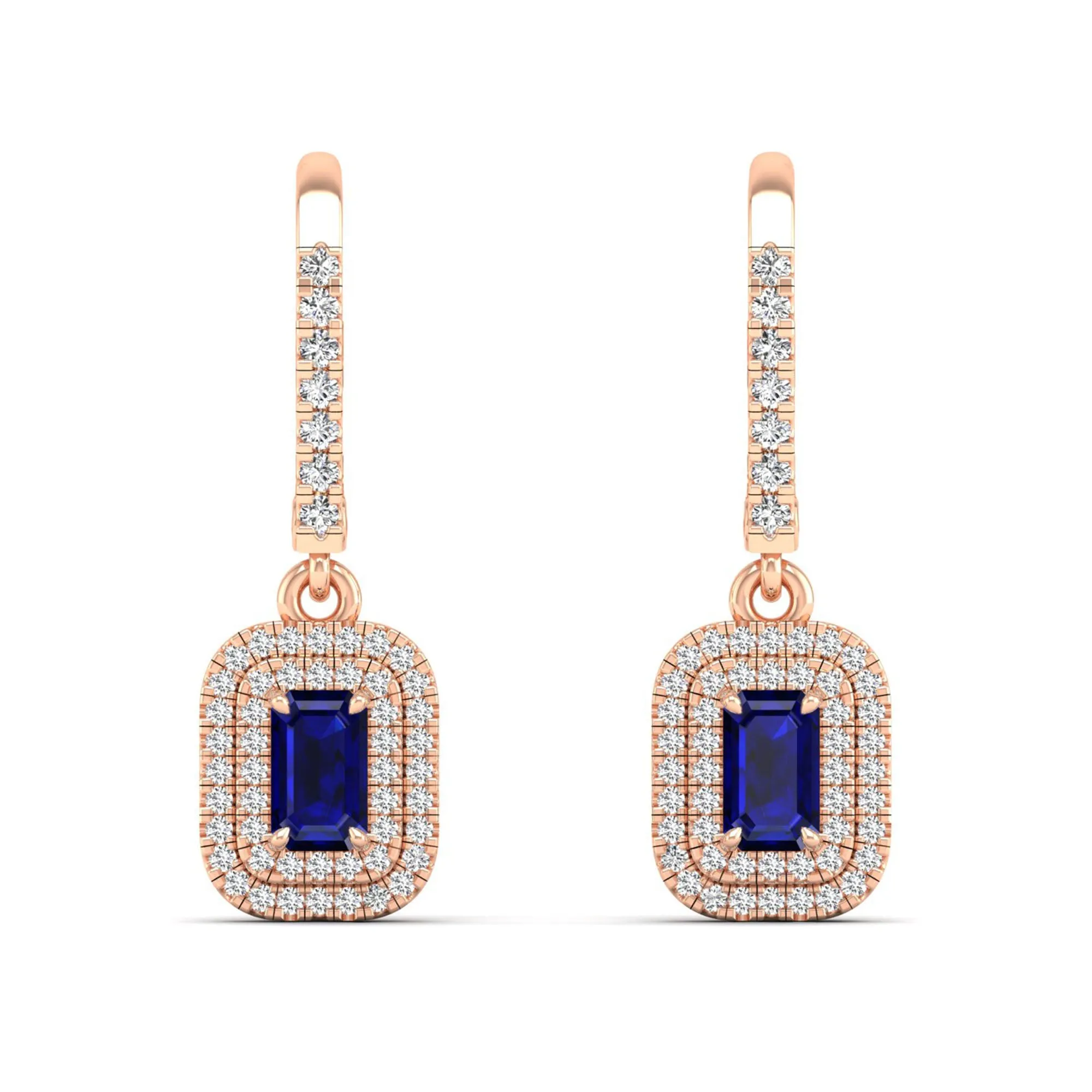Sapphire and Double Halo Diamond Drop Earrings