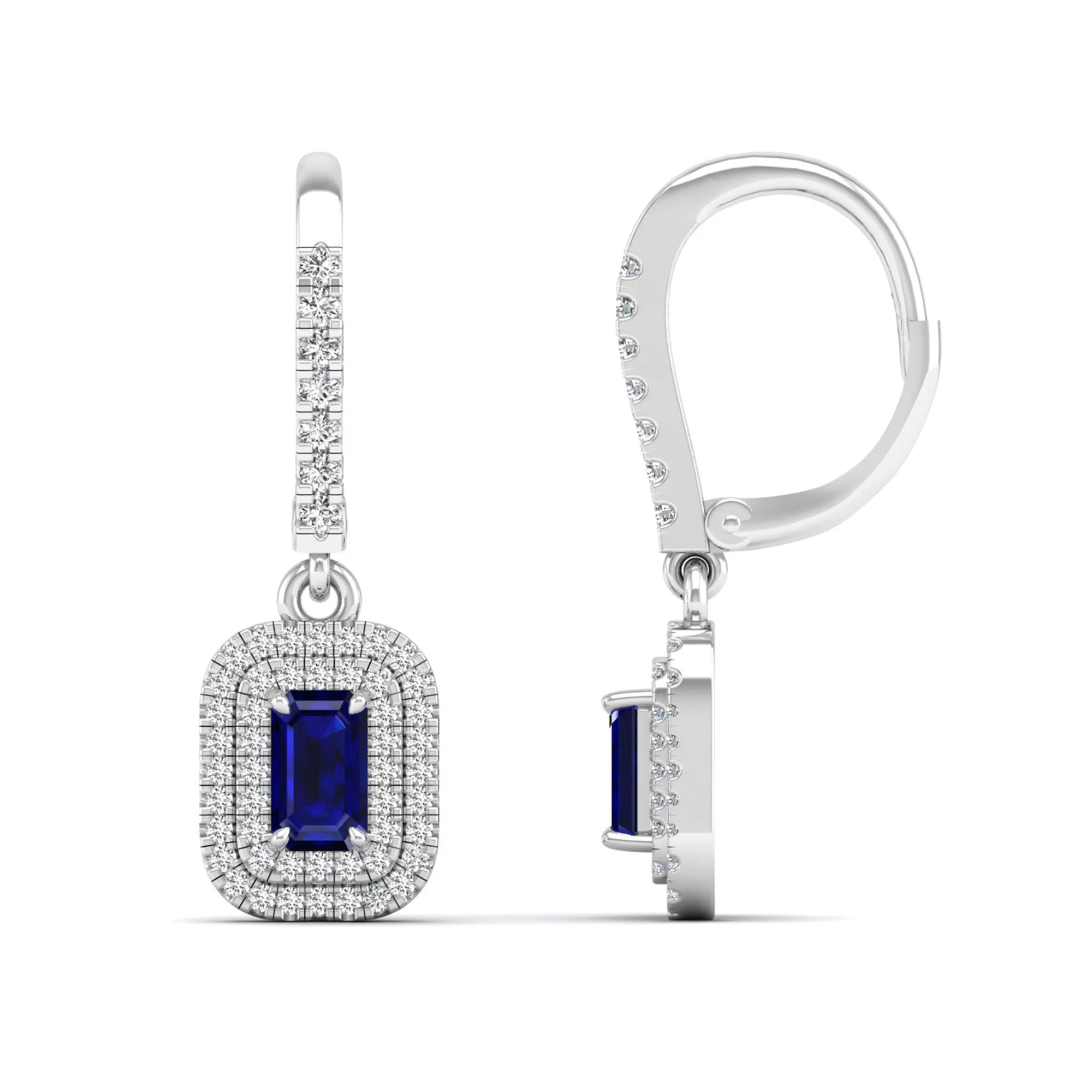Sapphire and Double Halo Diamond Drop Earrings