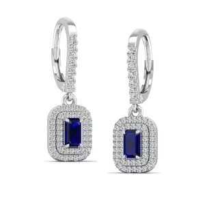 Sapphire and Double Halo Diamond Drop Earrings