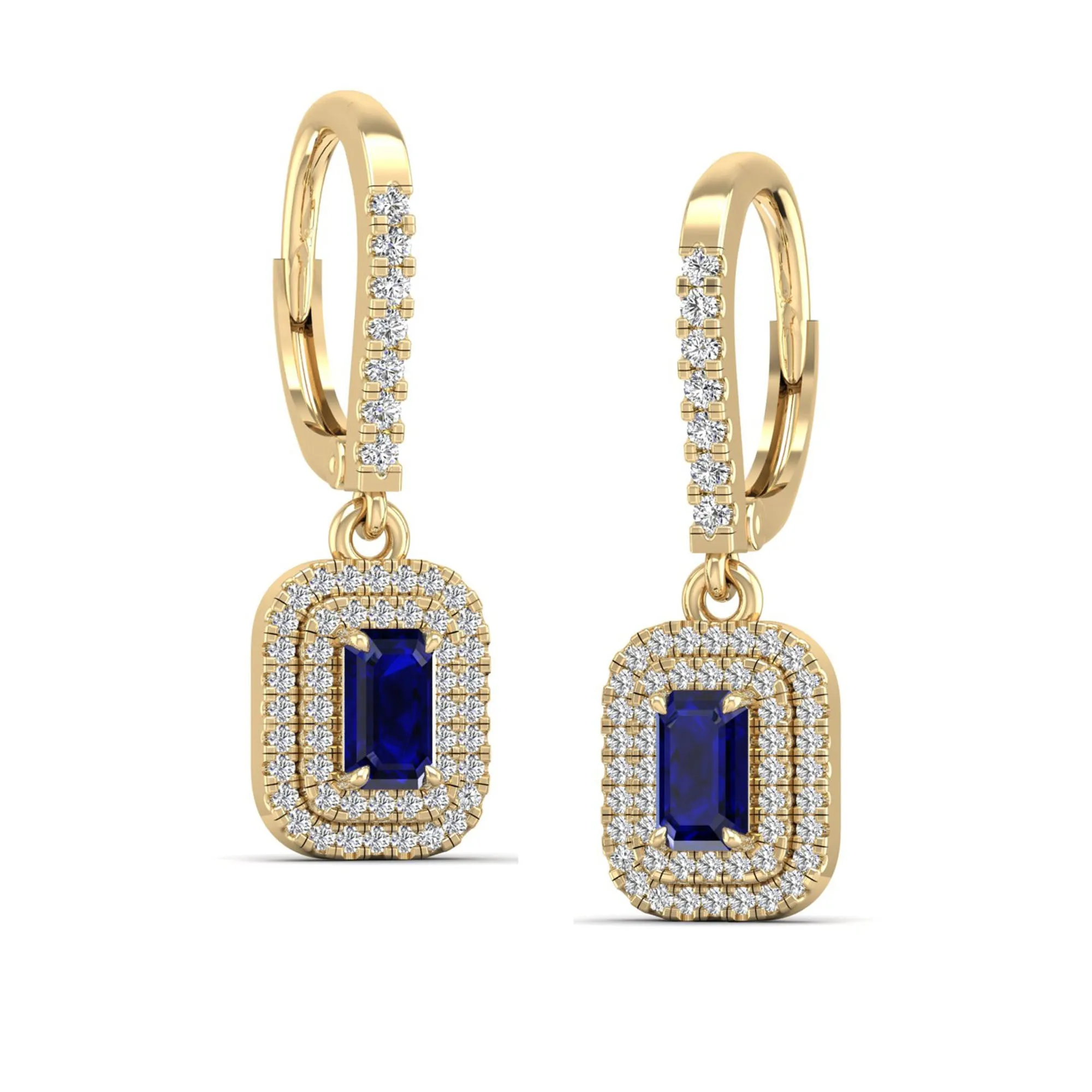 Sapphire and Double Halo Diamond Drop Earrings