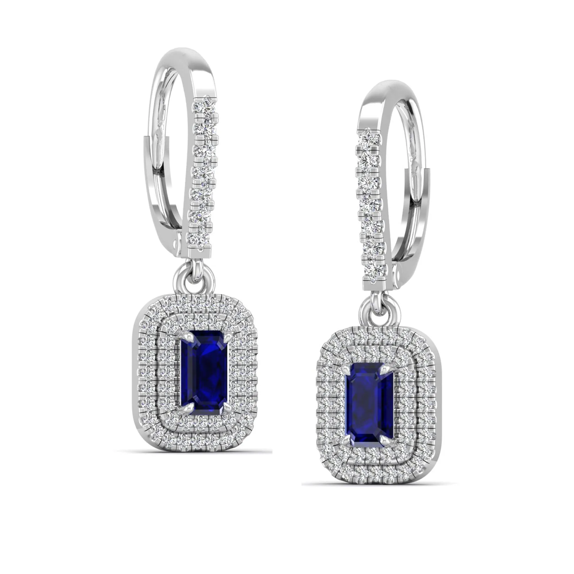 Sapphire and Double Halo Diamond Drop Earrings