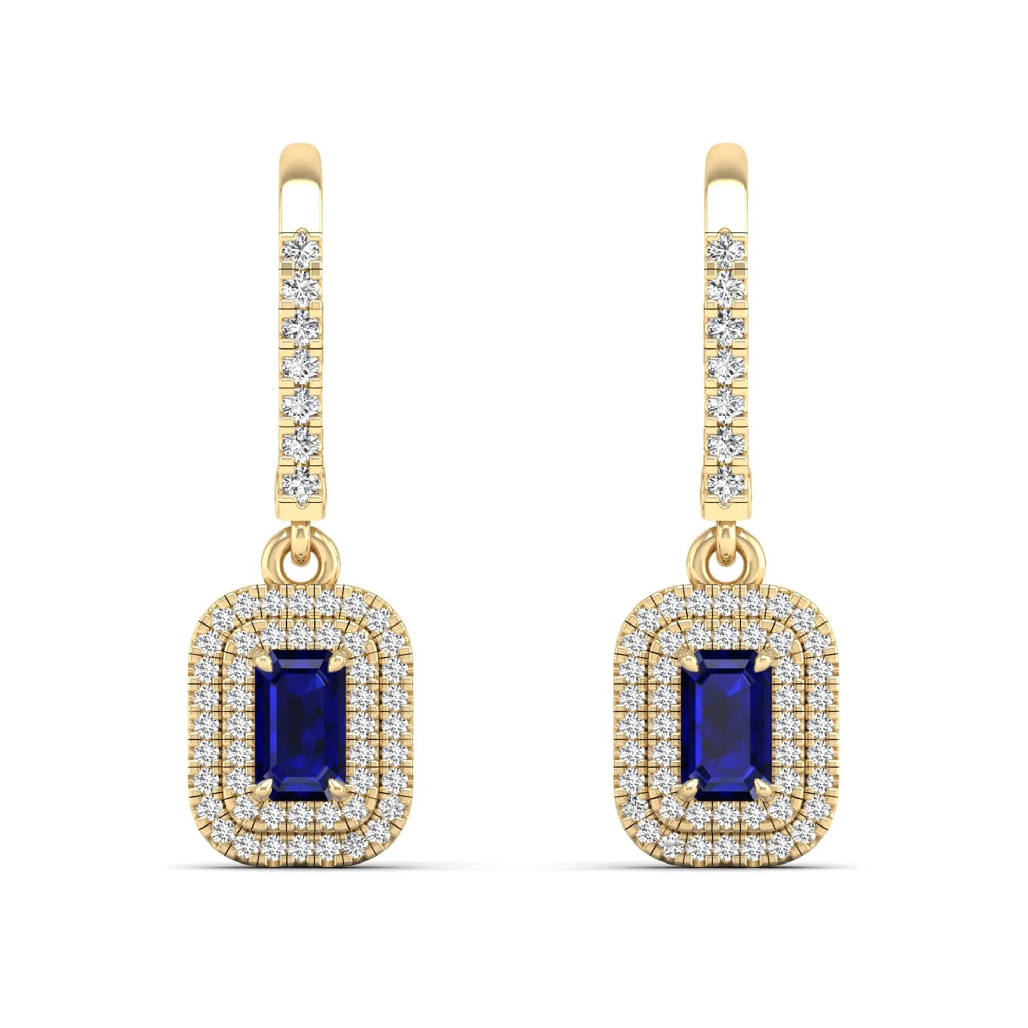 Sapphire and Double Halo Diamond Drop Earrings