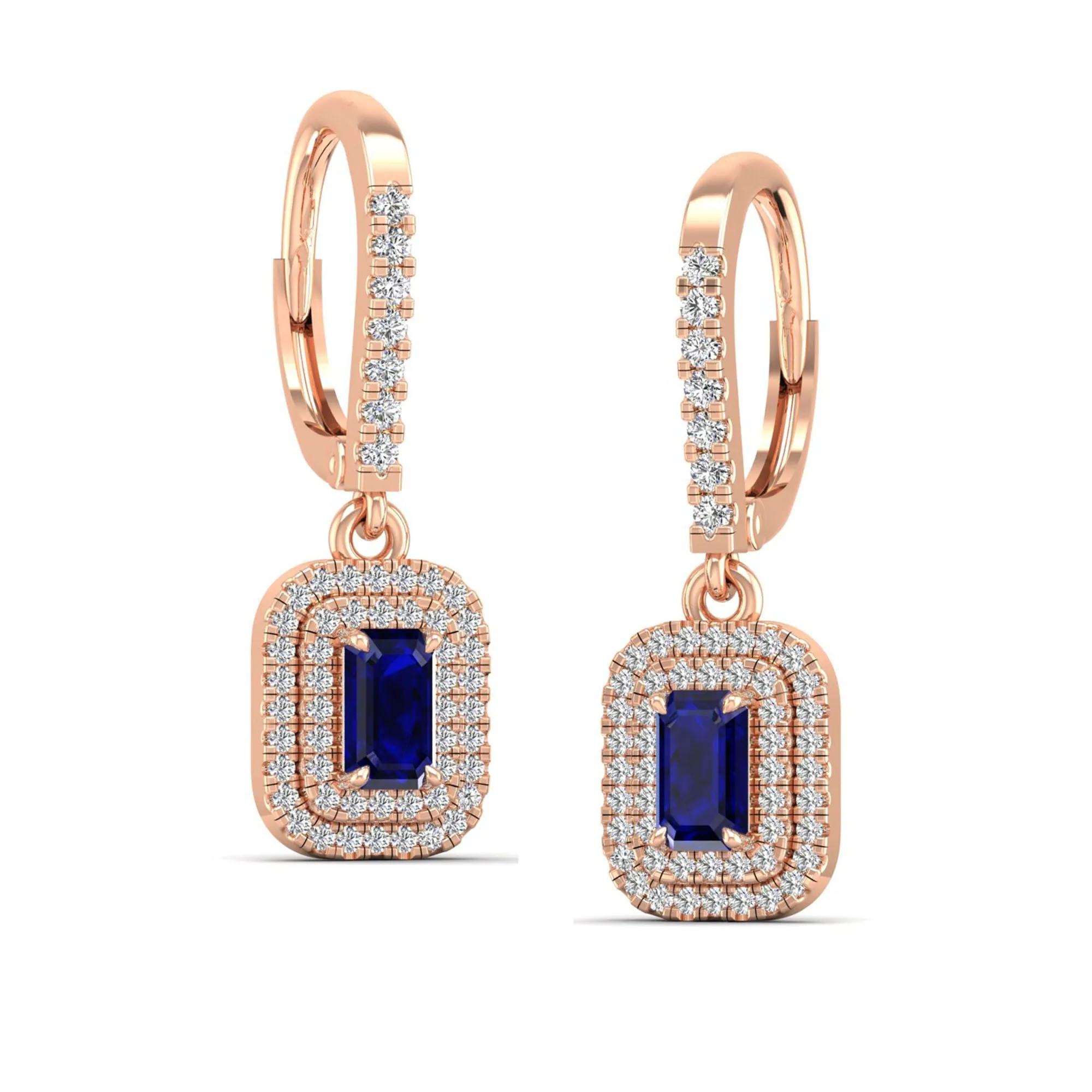Sapphire and Double Halo Diamond Drop Earrings