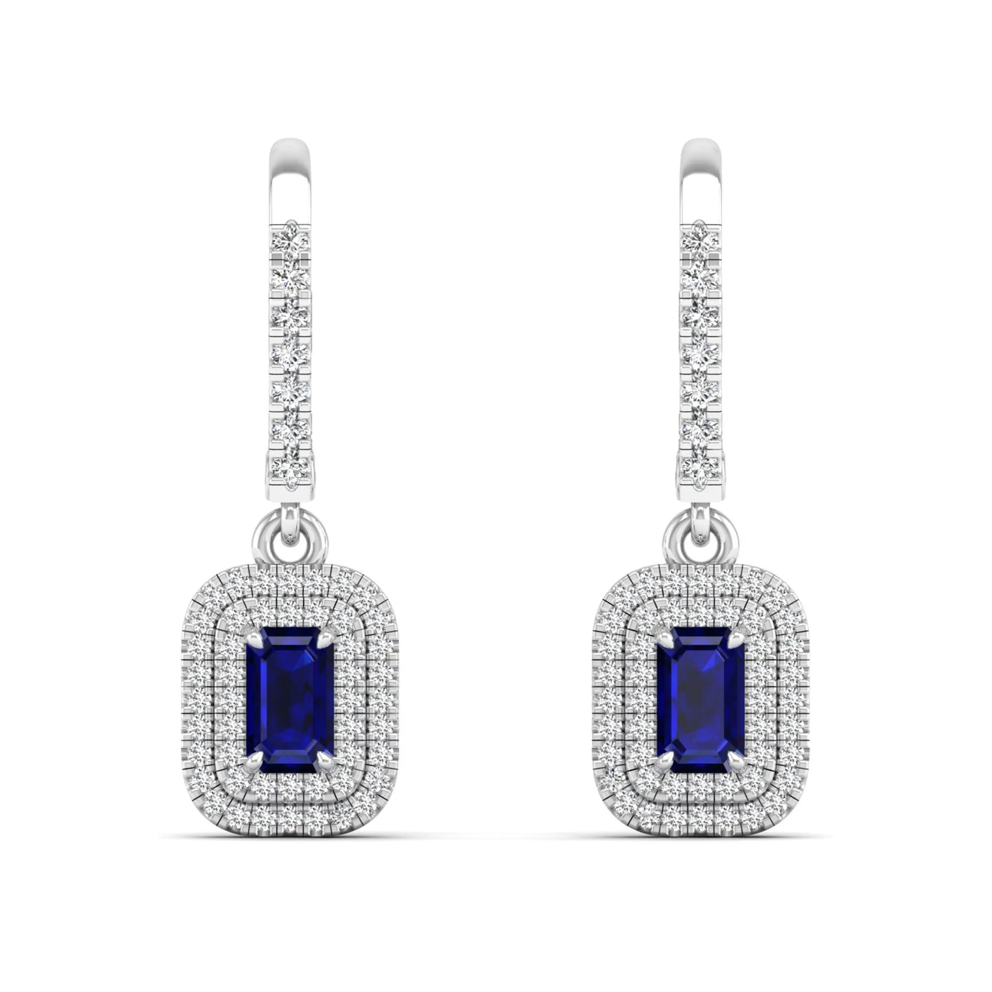 Sapphire and Double Halo Diamond Drop Earrings