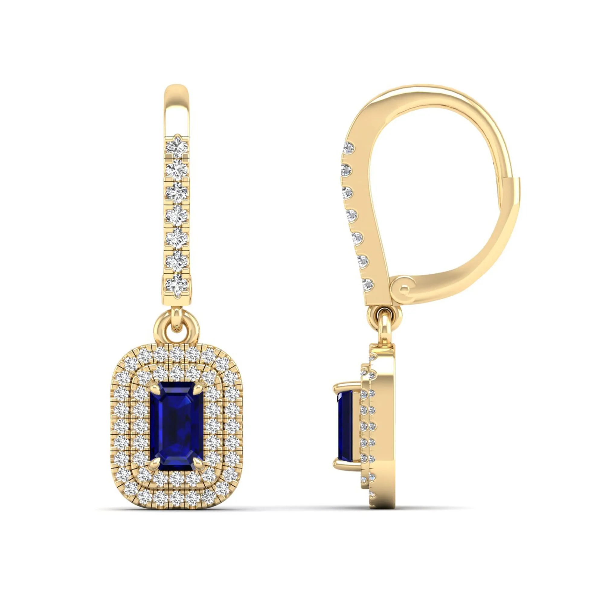 Sapphire and Double Halo Diamond Drop Earrings