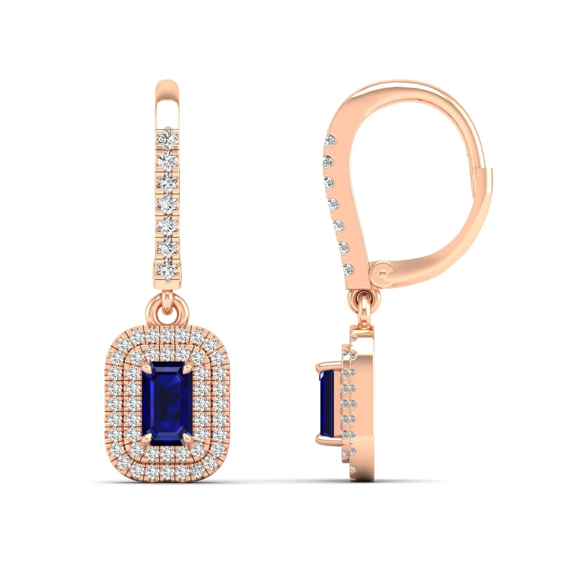 Sapphire and Double Halo Diamond Drop Earrings