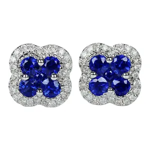 Sapphire Quatrefoil Clover with Diamond Halo Stud Earrings