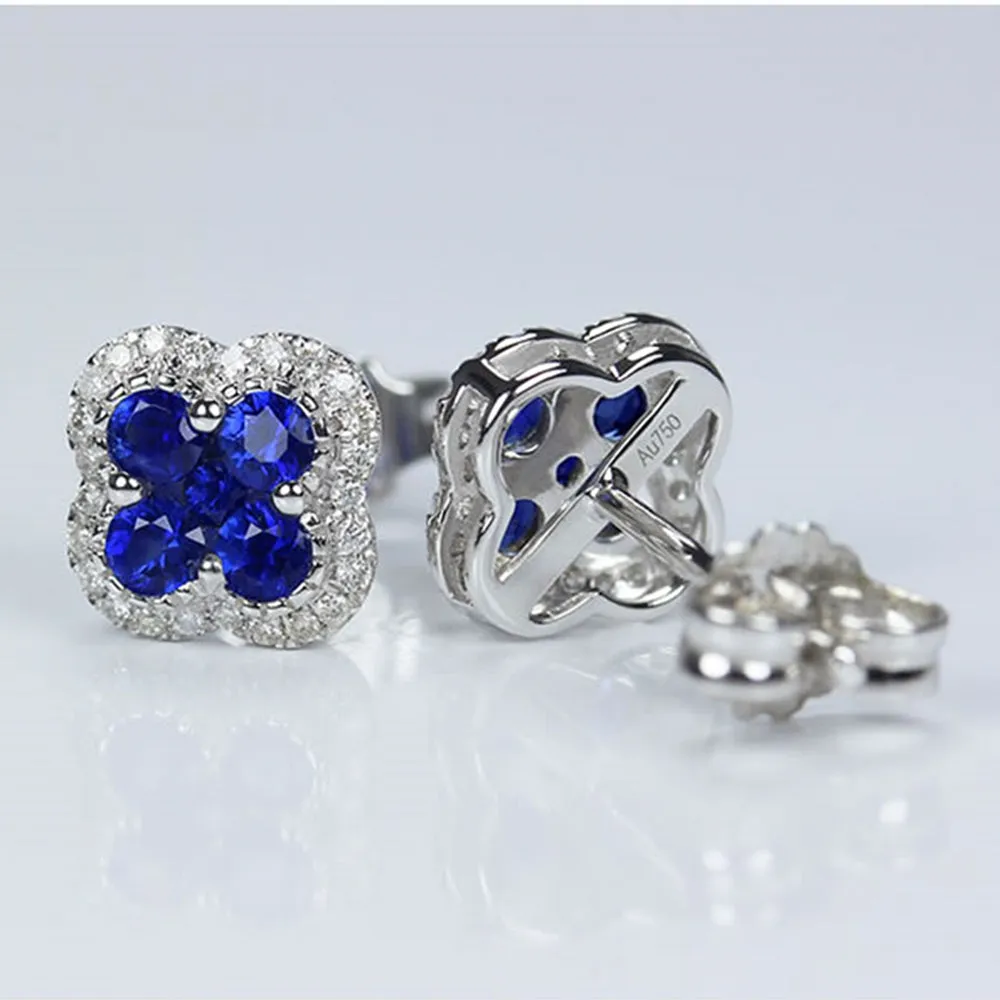 Sapphire Quatrefoil Clover with Diamond Halo Stud Earrings
