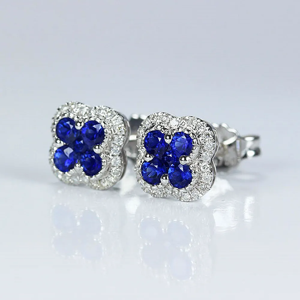 Sapphire Quatrefoil Clover with Diamond Halo Stud Earrings
