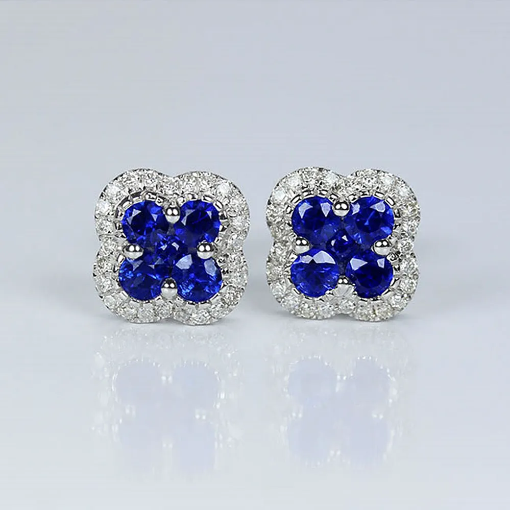 Sapphire Quatrefoil Clover with Diamond Halo Stud Earrings