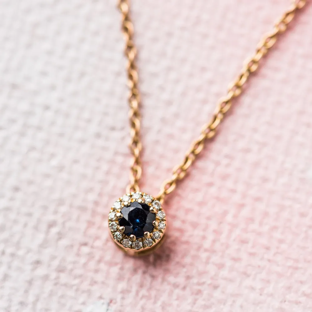 Sapphire with Diamond Halo Slide Necklace in 14k Gold