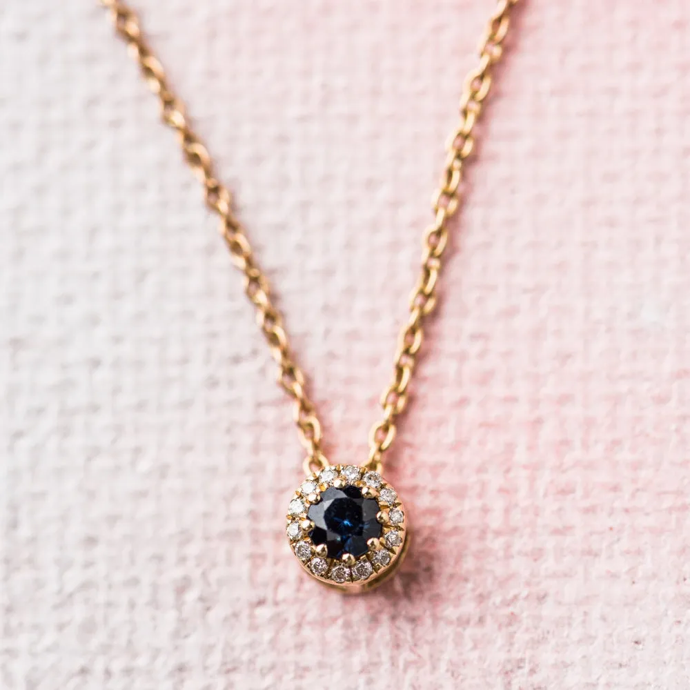Sapphire with Diamond Halo Slide Necklace in 14k Gold