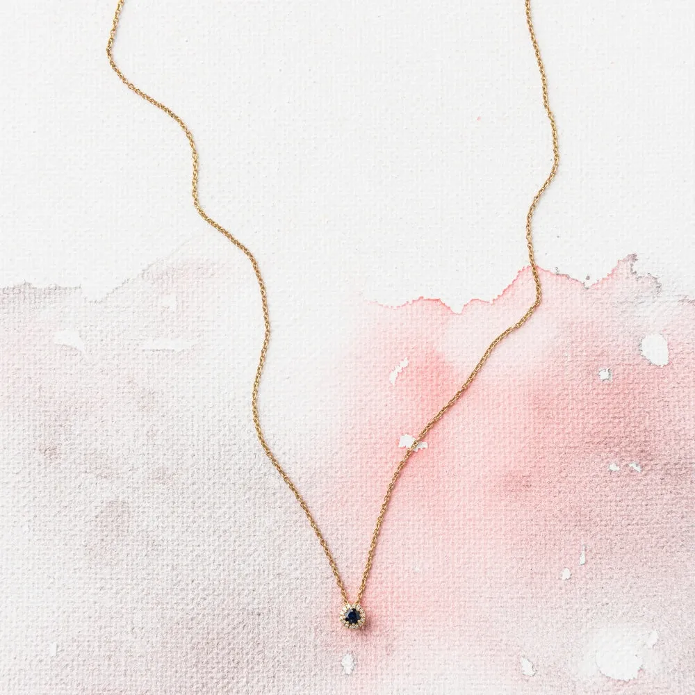 Sapphire with Diamond Halo Slide Necklace in 14k Gold