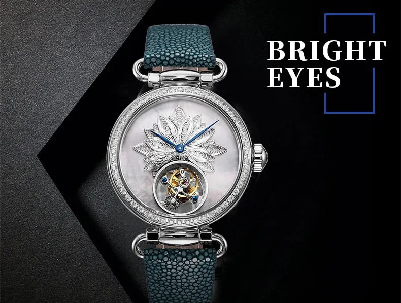 SEA-GULL manual mechanical watch with Tourbillon in floral design Calibre : ST8000 Model : 713.18.8100L (white dial) 713.38.8100L (blue dial)