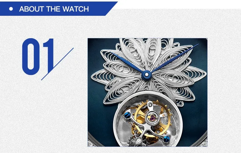 SEA-GULL manual mechanical watch with Tourbillon in floral design Calibre : ST8000 Model : 713.18.8100L (white dial) 713.38.8100L (blue dial)