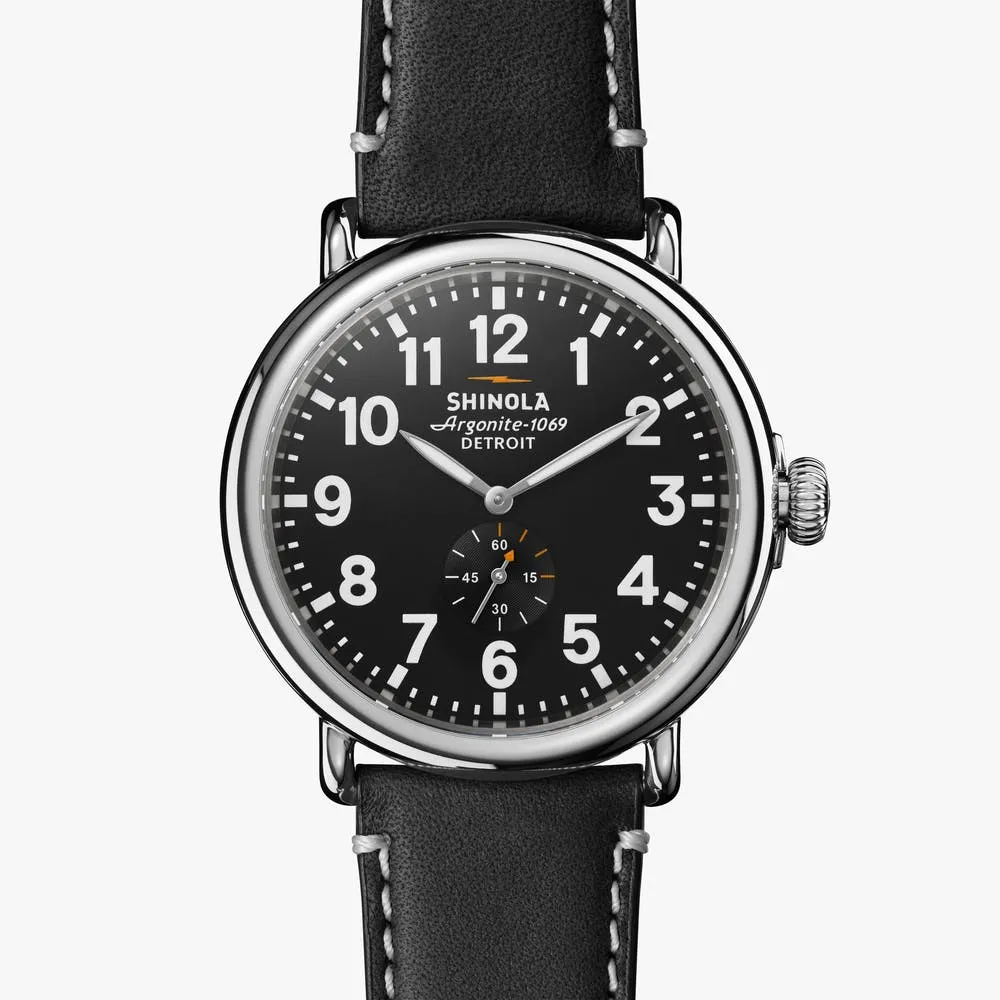 Shinola The Runwell 47mm Black Leather Strap Black Dial Mens Watch S0110000012
