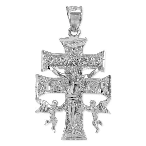 Silver Caravaca Double Cross with Angels Crucifix Pendant
