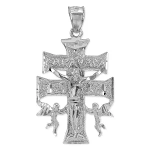 Silver Caravaca Double Cross with Angels Crucifix Pendant