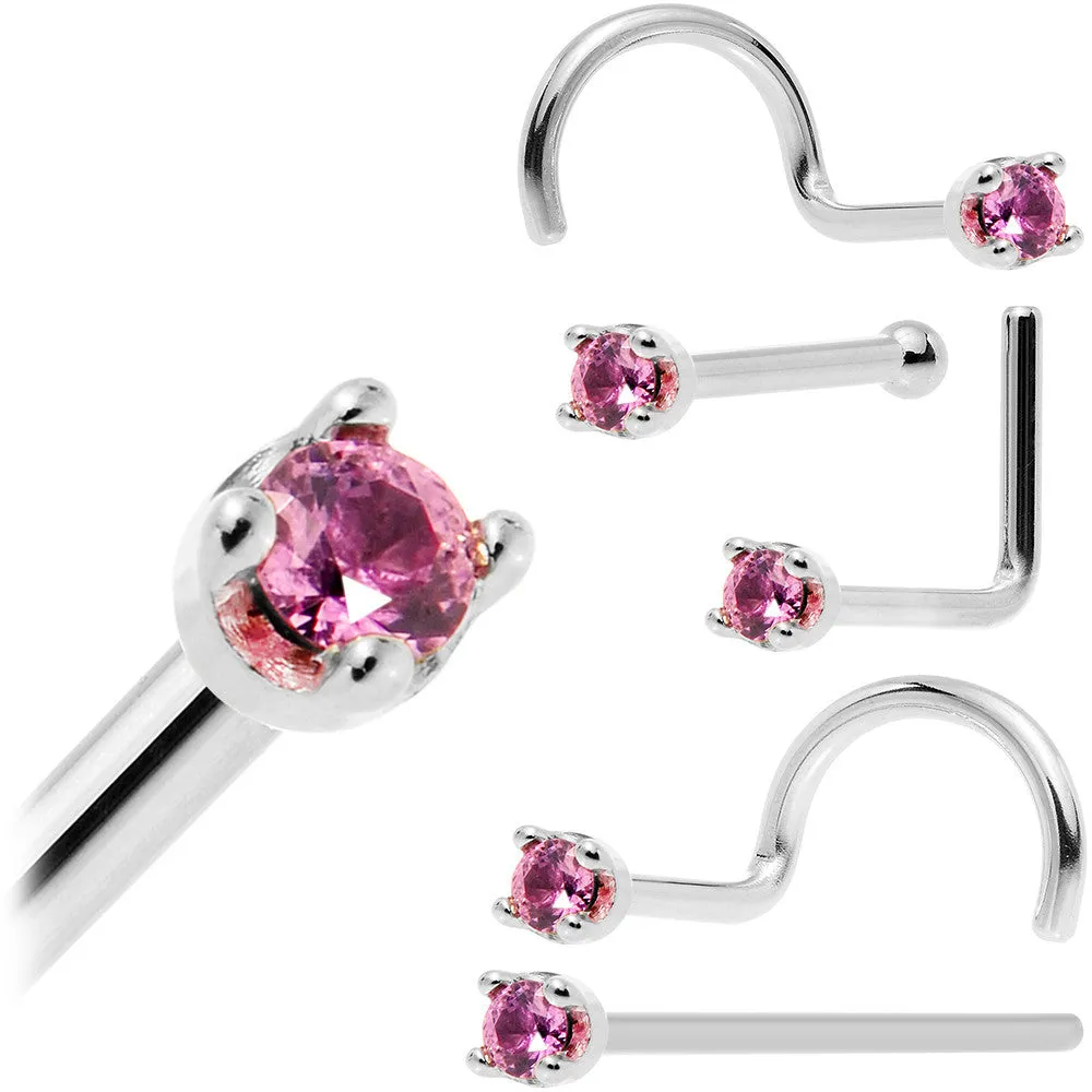 Solid 18KT White Gold 1.5mm Genuine Pink Sapphire Nose Ring