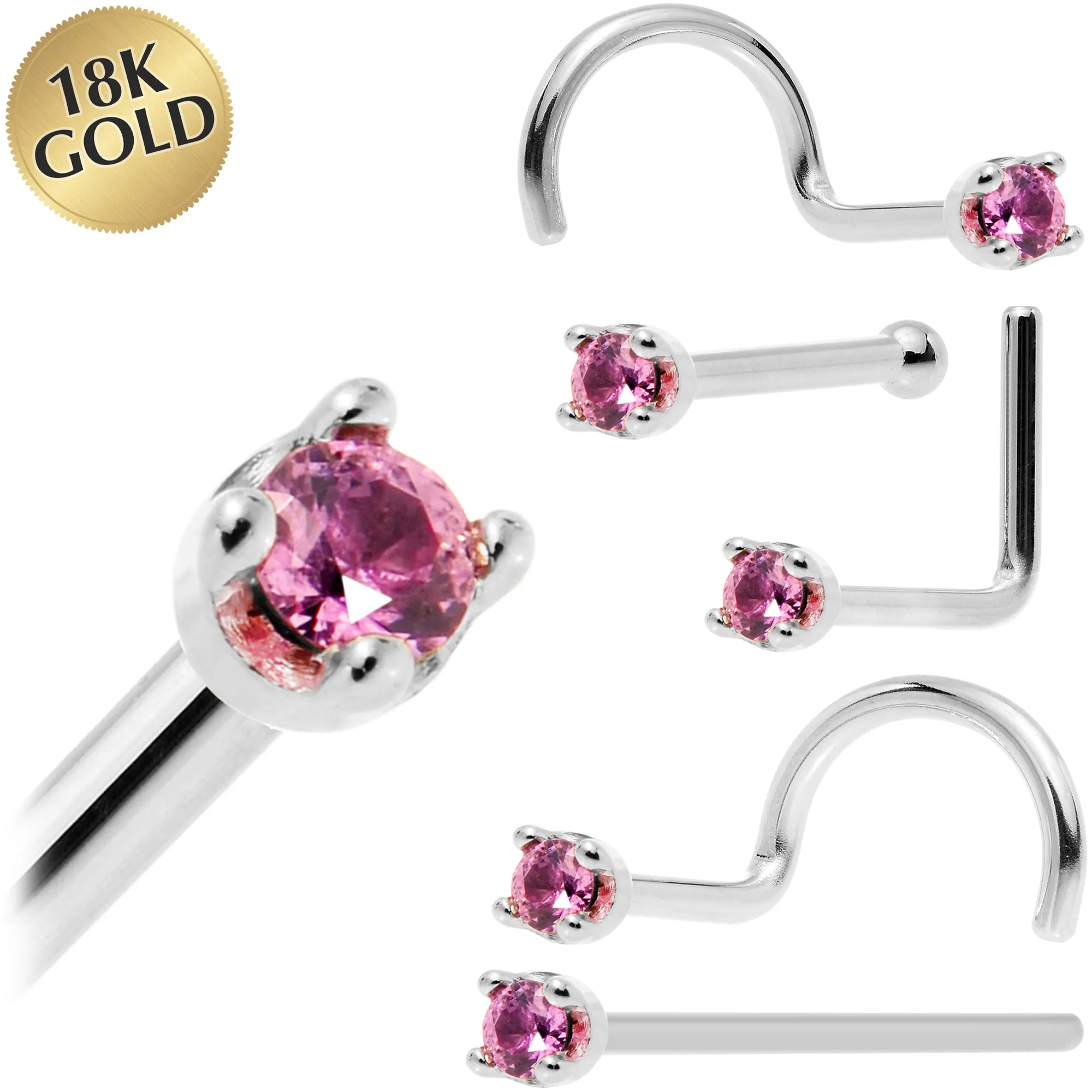 Solid 18KT White Gold 1.5mm Genuine Pink Sapphire Nose Ring