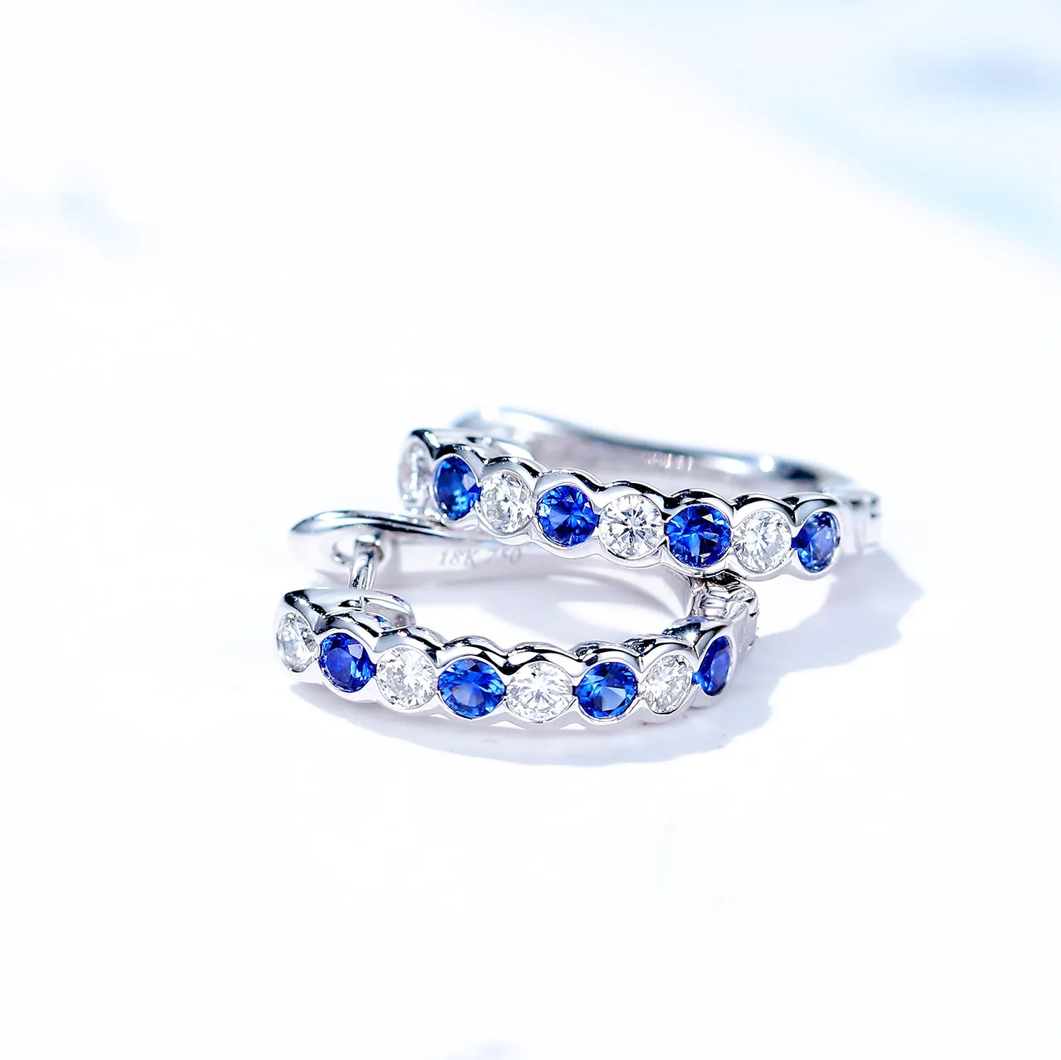 Solid Gold Diamond and Blue Sapphire Hoop Earrings