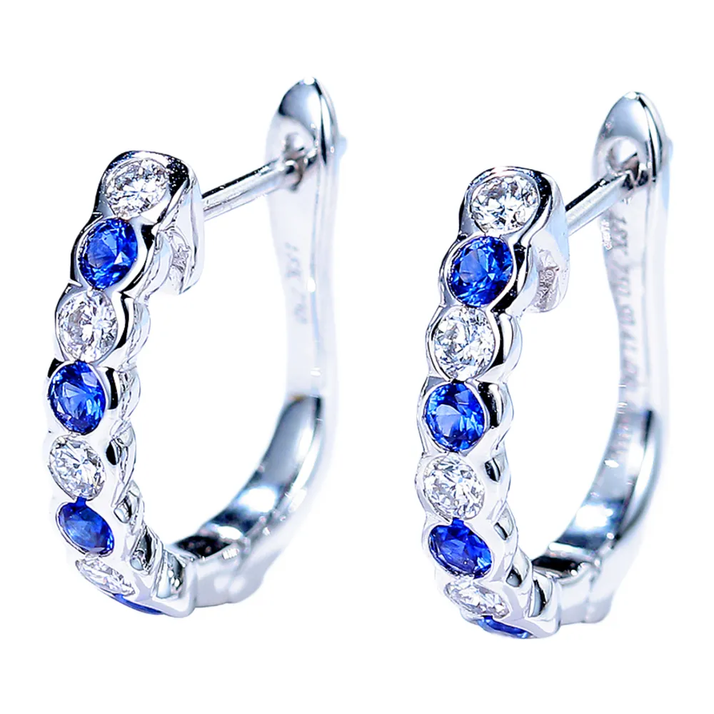 Solid Gold Diamond and Blue Sapphire Hoop Earrings
