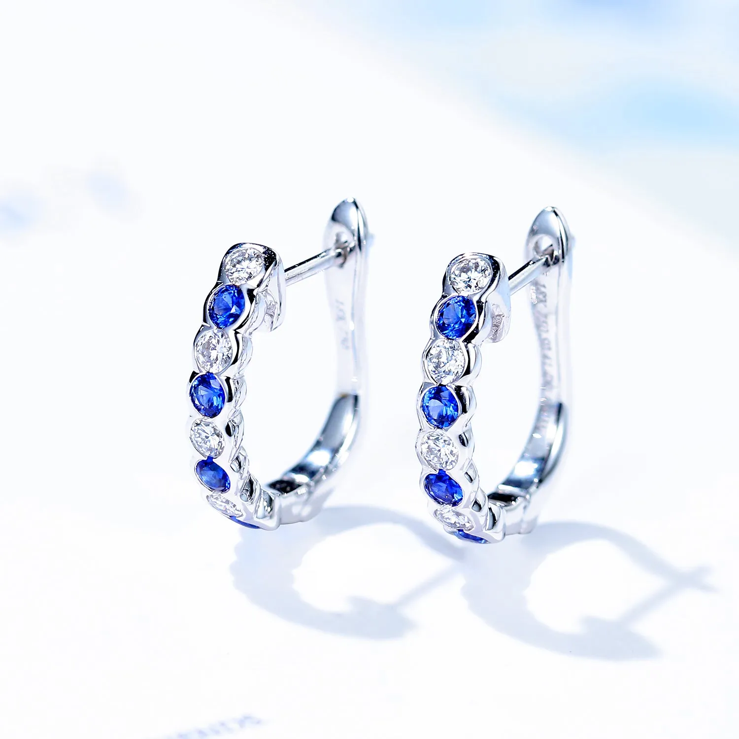 Solid Gold Diamond and Blue Sapphire Hoop Earrings