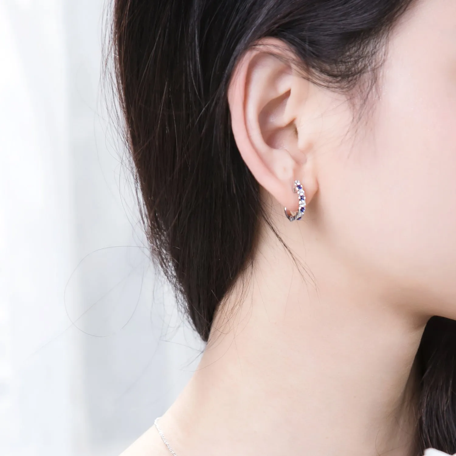 Solid Gold Diamond and Blue Sapphire Hoop Earrings