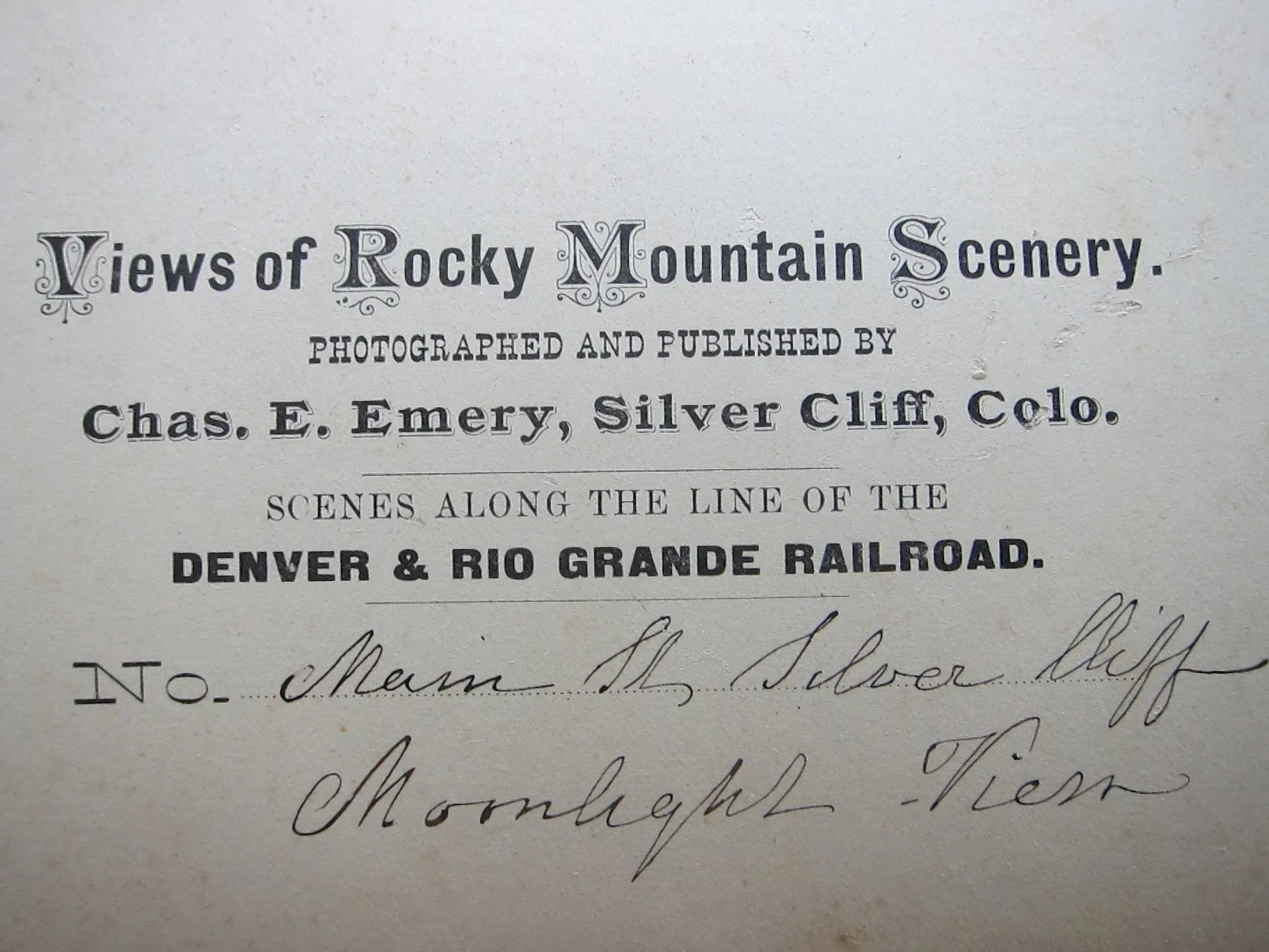 Stereoscope Card by Charles Emery 1880, Moonlight View Main St Silver Cliff Colorado