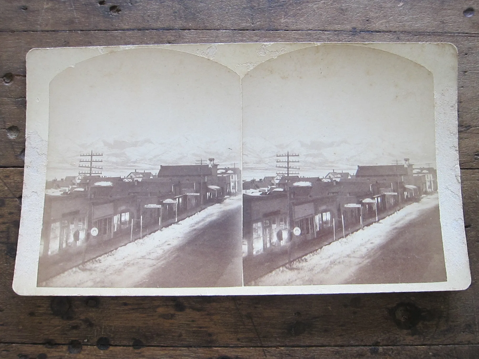 Stereoscope Card by Charles Emery 1880, Moonlight View Main St Silver Cliff Colorado