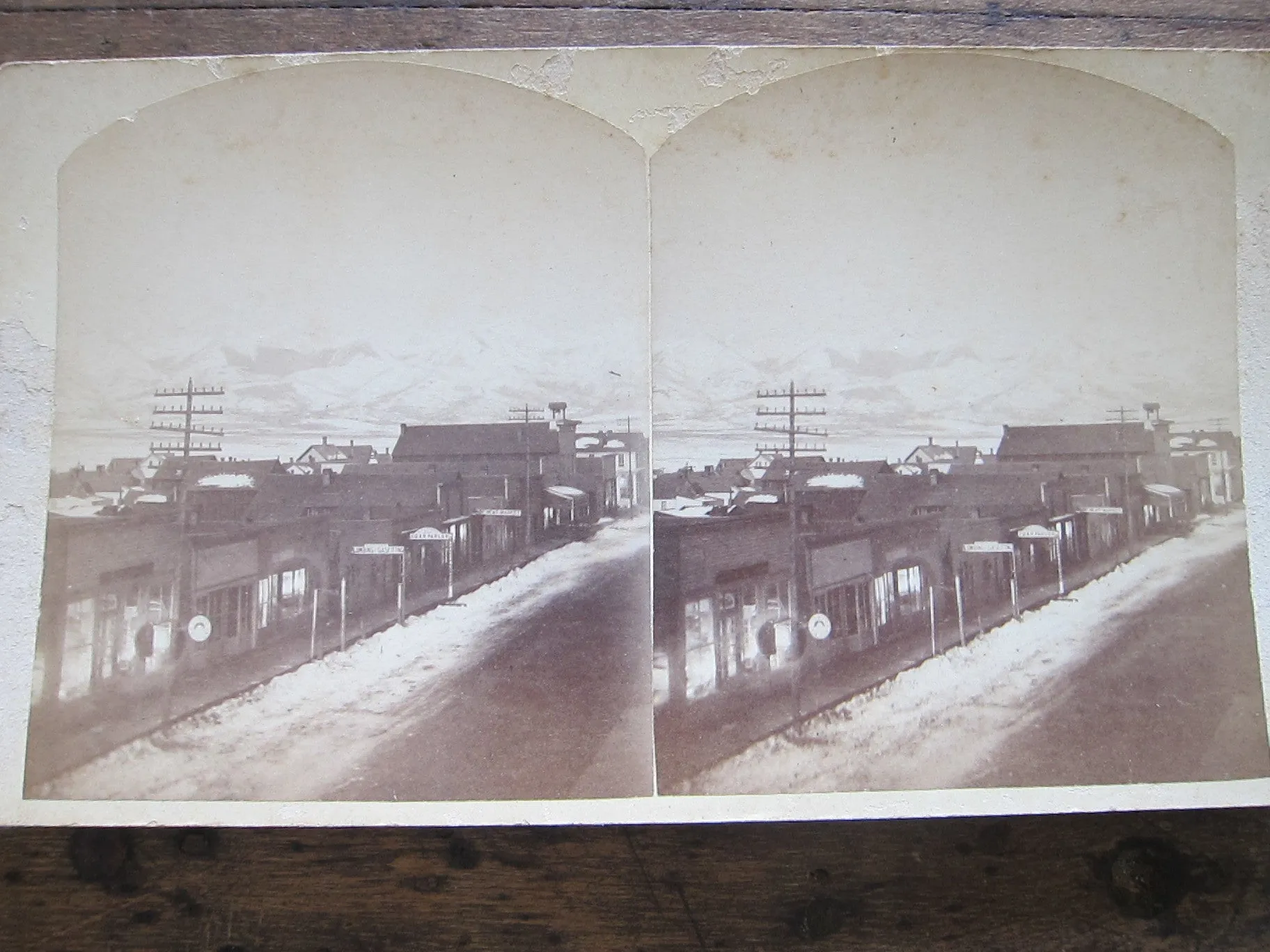 Stereoscope Card by Charles Emery 1880, Moonlight View Main St Silver Cliff Colorado