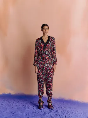 Studio Rigu   I   Womenswear, Western Ikat Pintuck Shirt Ikat Print On Black Base Srdd032