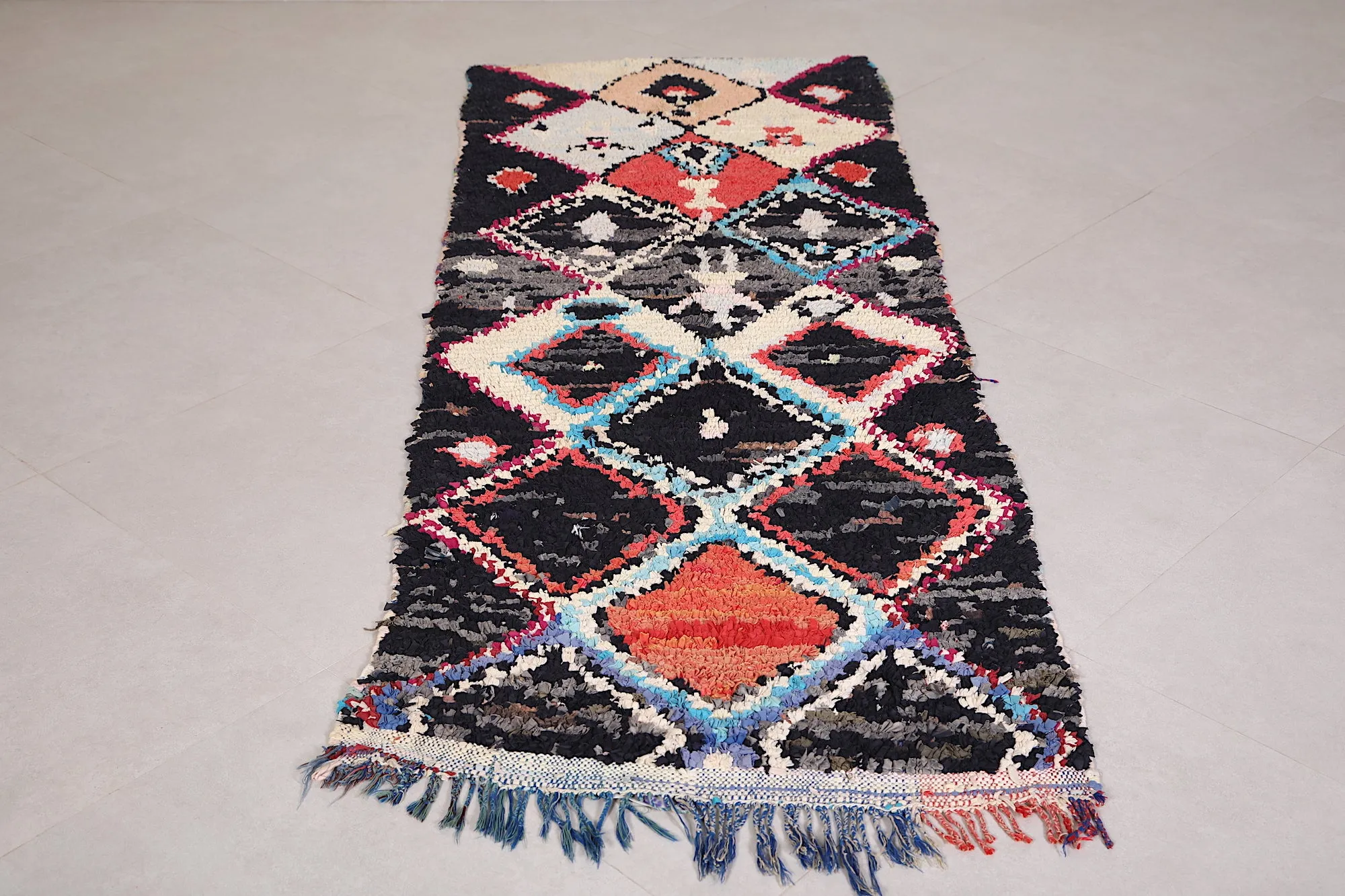 Stunning Boucherouite Rug - Black Runner 2.6 x 7.2 Feet
