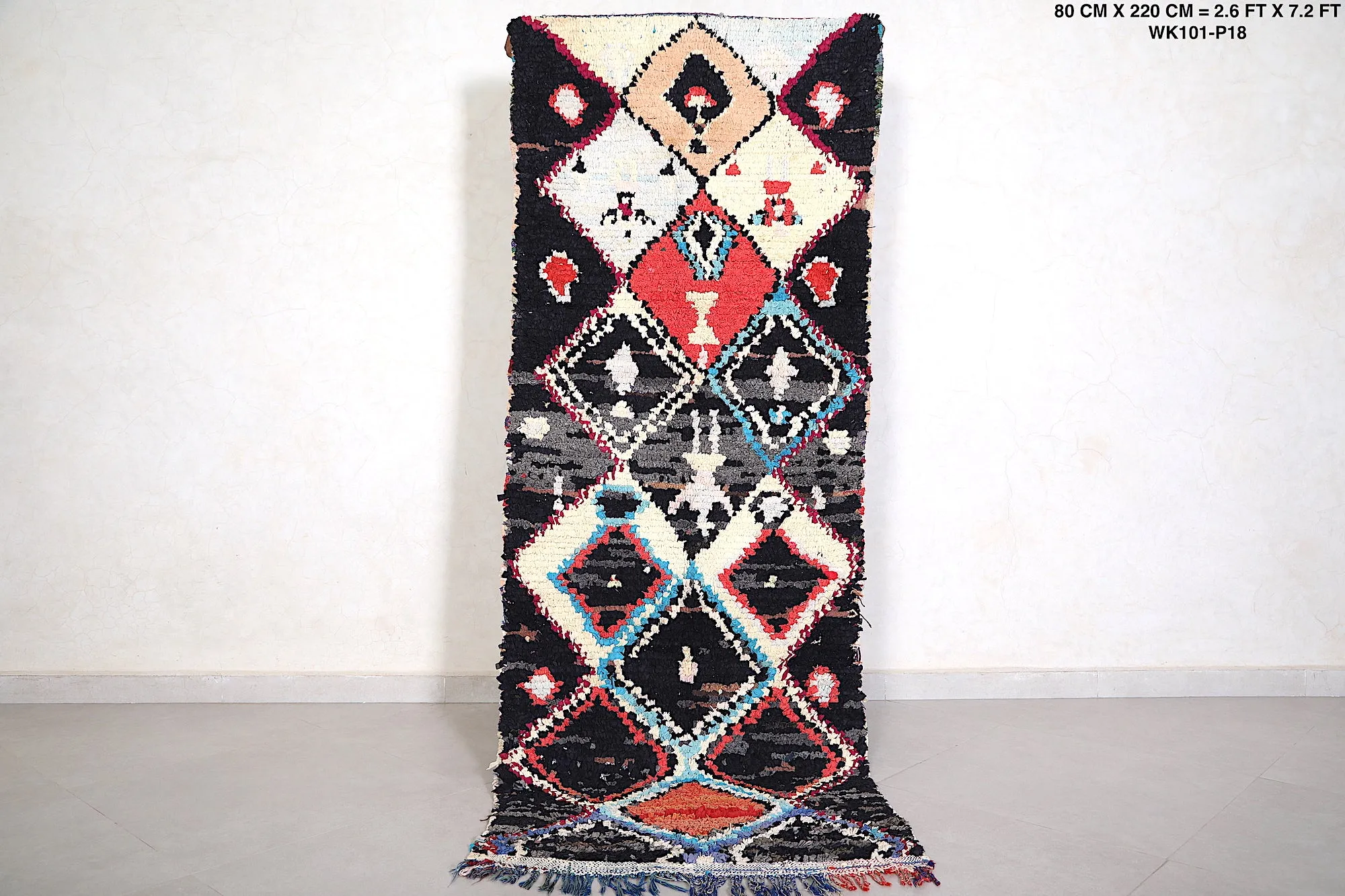 Stunning Boucherouite Rug - Black Runner 2.6 x 7.2 Feet