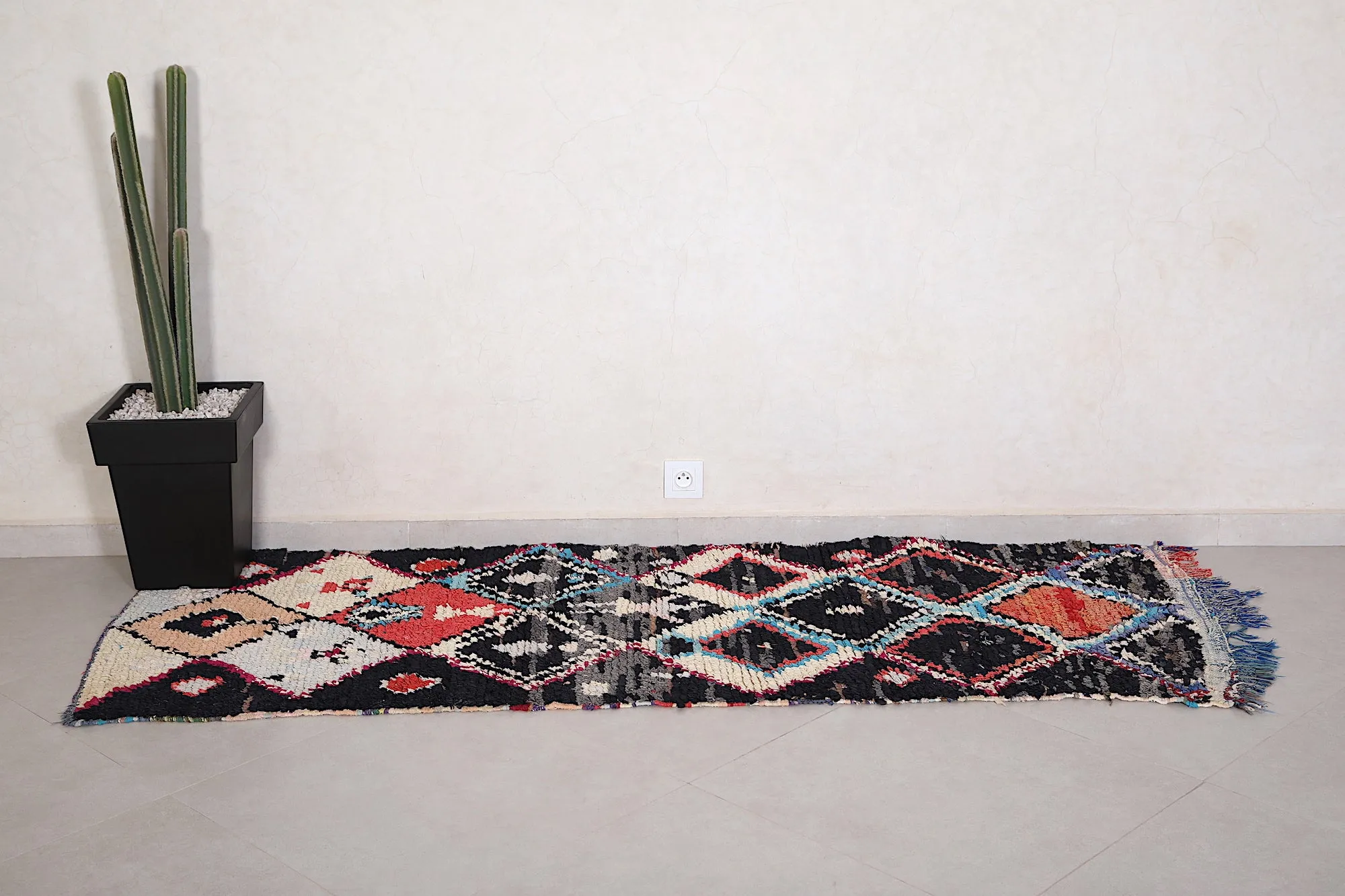 Stunning Boucherouite Rug - Black Runner 2.6 x 7.2 Feet