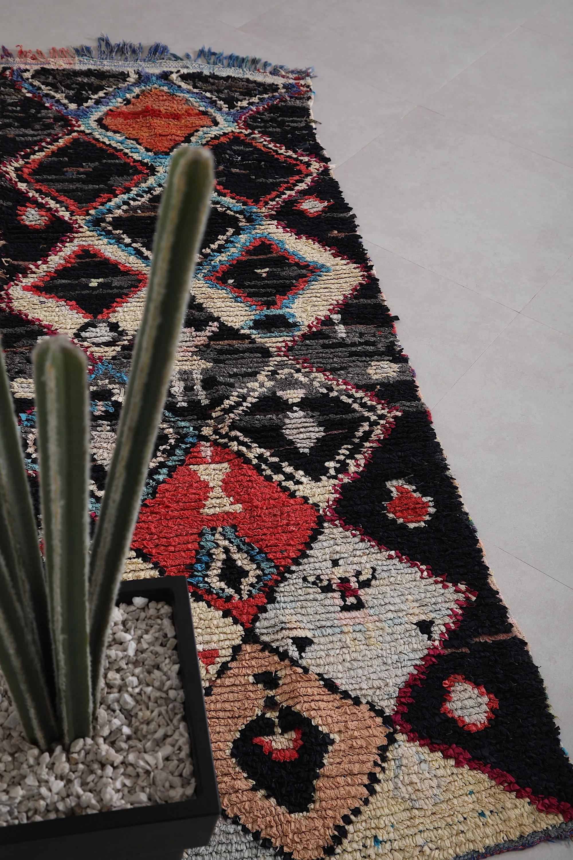 Stunning Boucherouite Rug - Black Runner 2.6 x 7.2 Feet