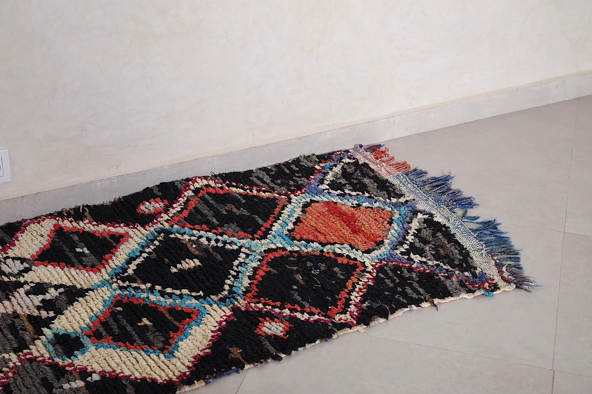 Stunning Boucherouite Rug - Black Runner 2.6 x 7.2 Feet