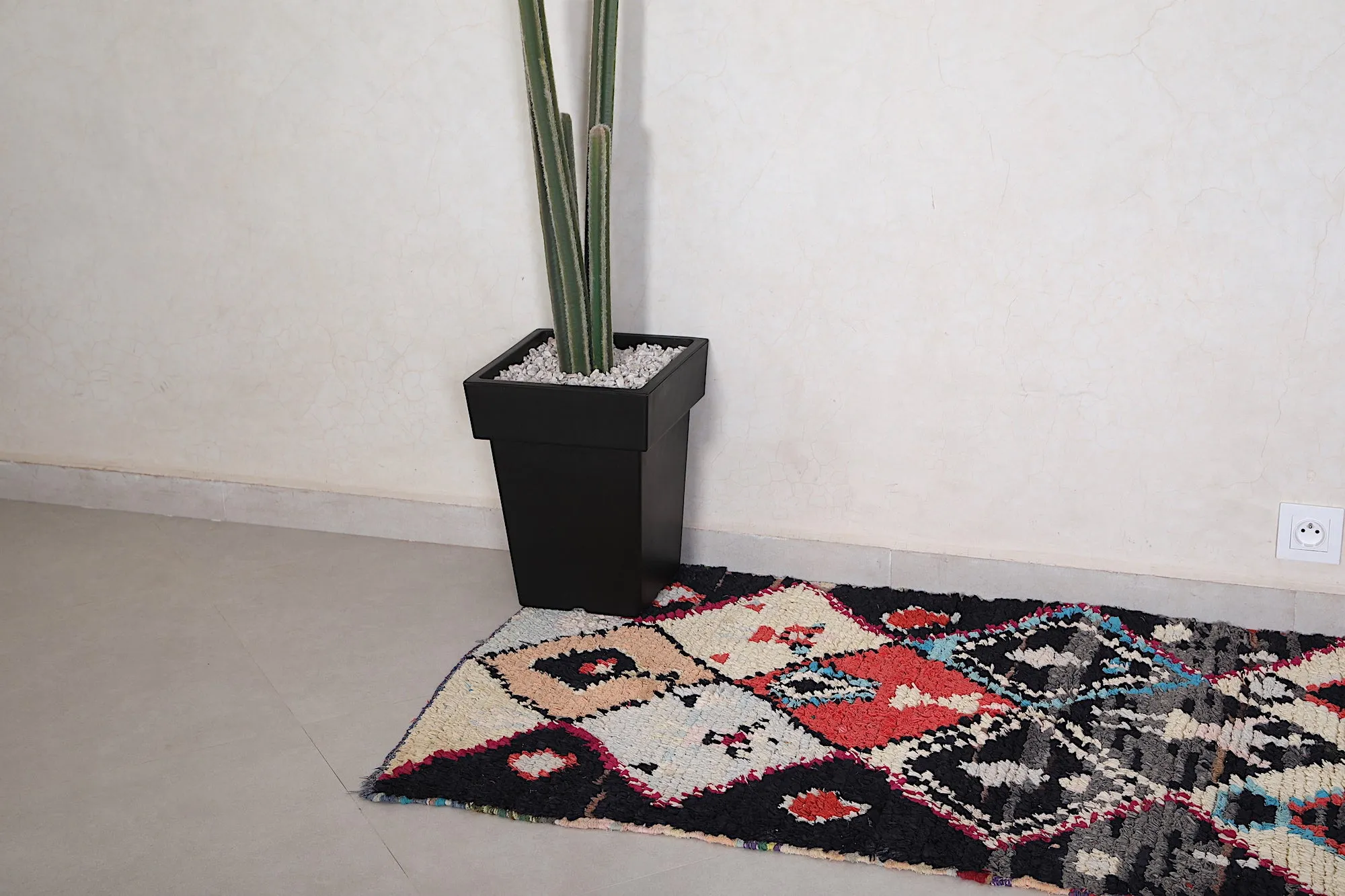 Stunning Boucherouite Rug - Black Runner 2.6 x 7.2 Feet