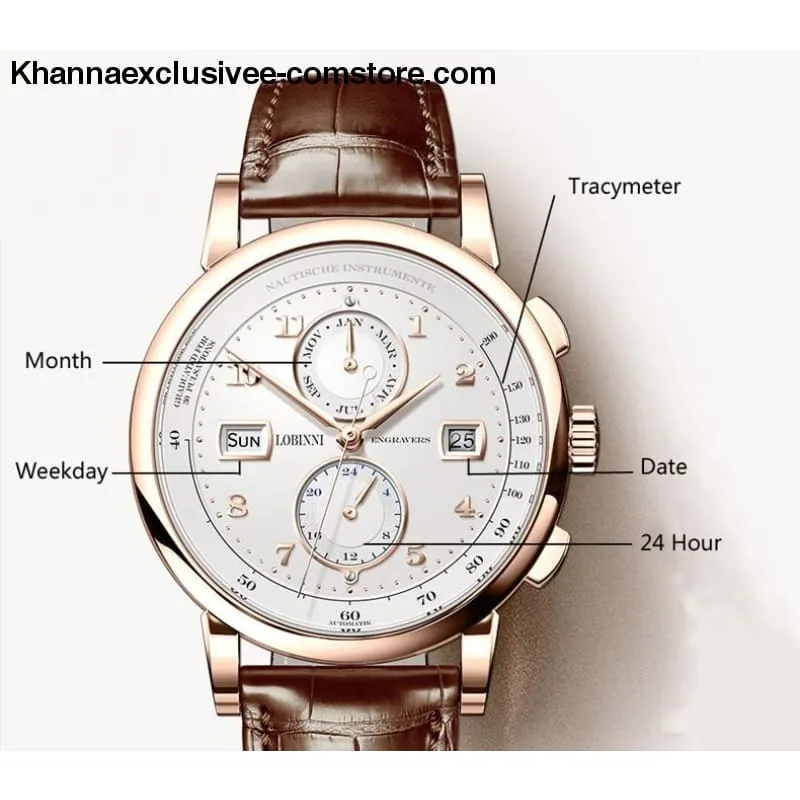 Switzerland Luxury Brand LOBINNI Men's Automatic Mechanical Sapphire Leather Tetrameter Wrist watch